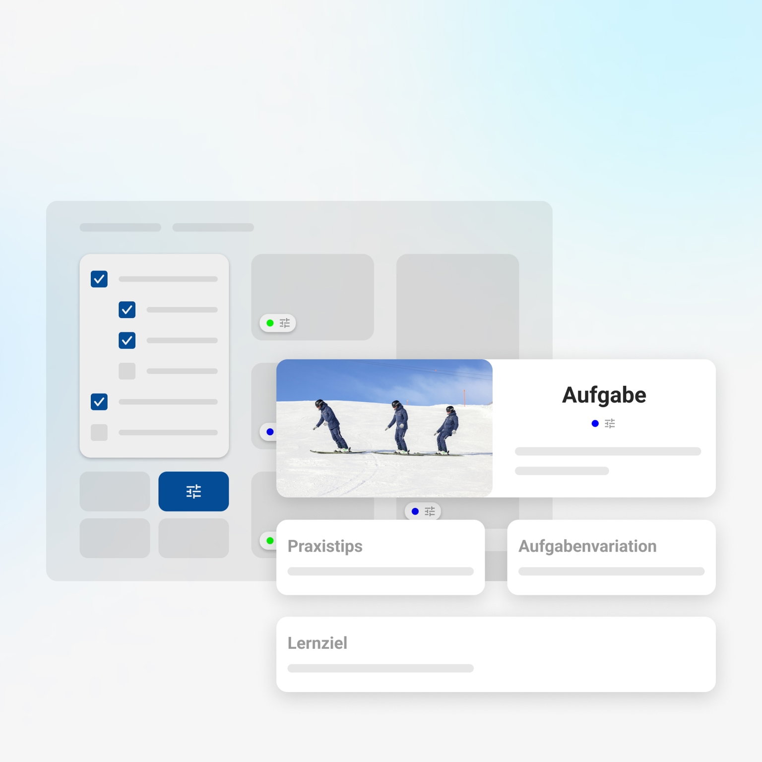 Schematische Darstellung von Checkboxen, die als Filter fungieren. Im Vordergrund ist ein Bild eines Skifahrers in verschiedenen Phasen der Schrägfahrt zu sehen. Daneben steht der Begriff 'Aufgabe', sowie Praxistipps, Aufgabenvariation und Lernziel.