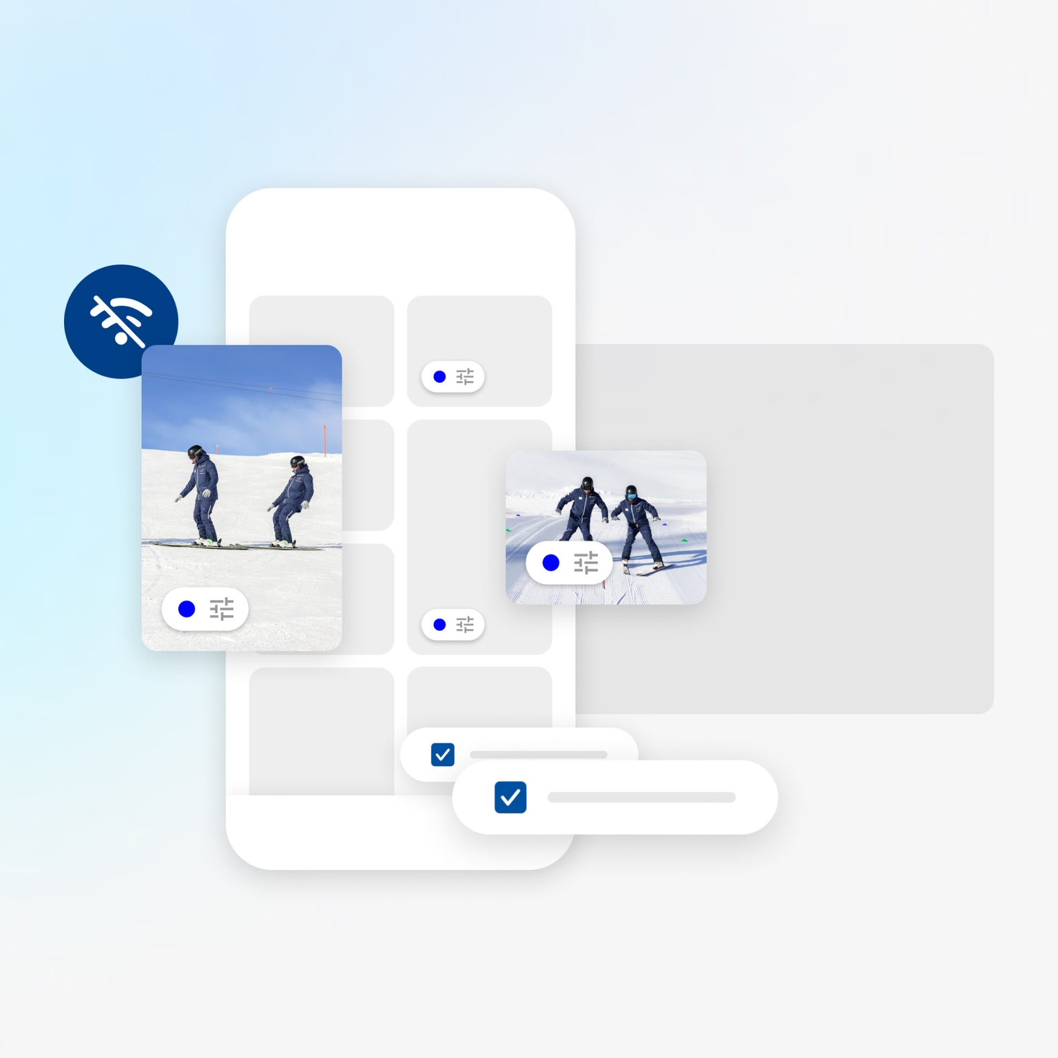 Verschiedene Elemente eines User Interfaces einer App, Bilder von Skifahrern und ein durchgestrichenes Wifi Symbol.