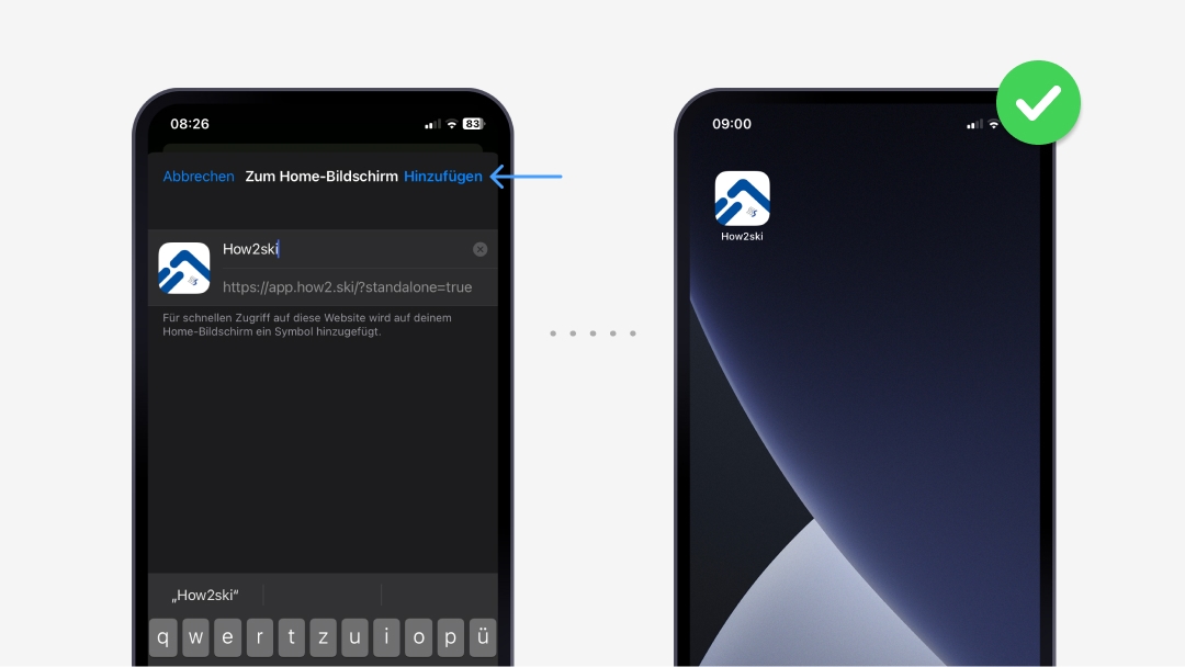 Screenshot des Hinzufügen-Bildschirms in Safari mit hervorgehobener Schaltfläche 'Hinzufügen' und ein Screenshot des App Icons auf dem Home-Bildschirm.