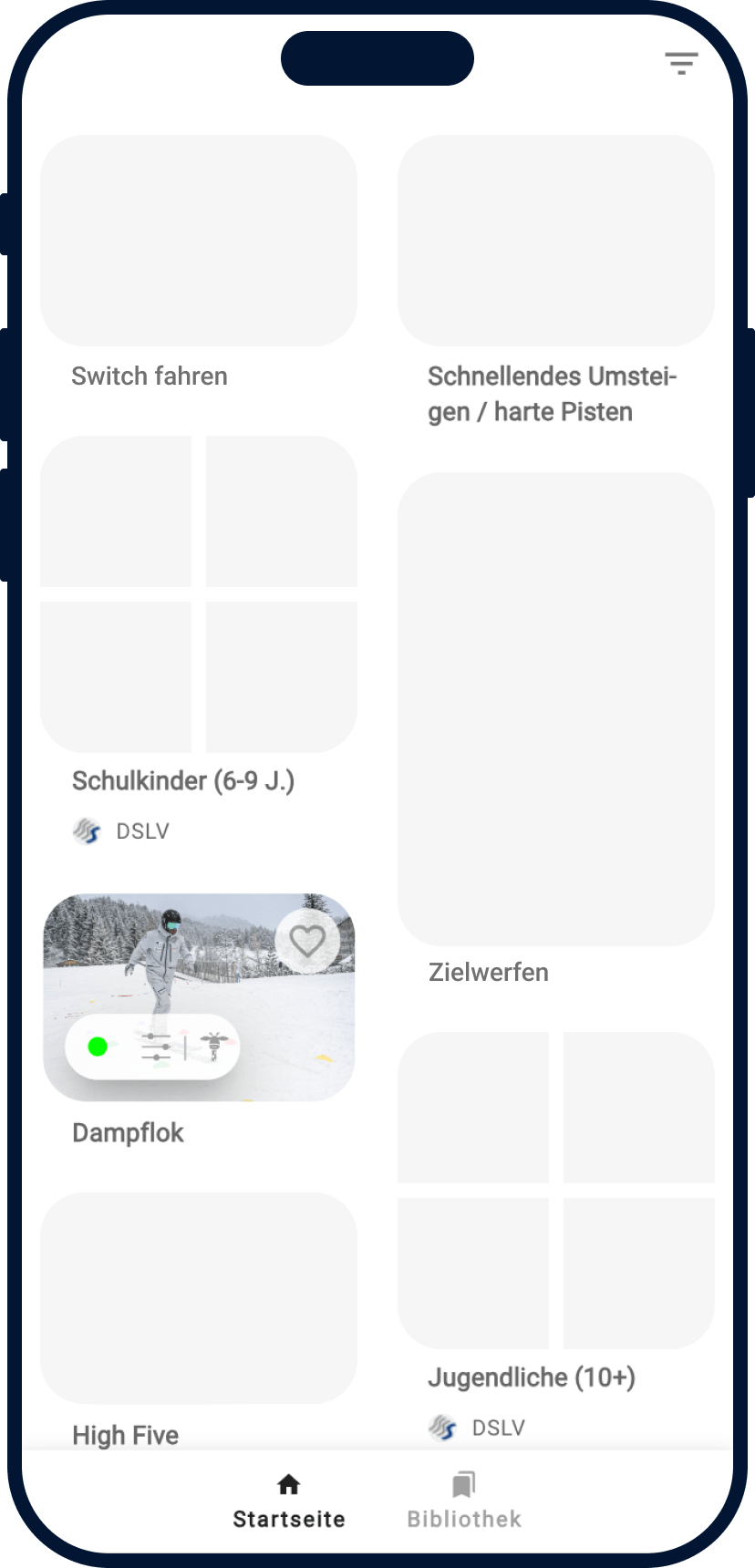 Stilisierte Darstellung eines Smartphones mit Notch. Auf dem Display sind abgerundete graue Rechteecke zu sehen, die als Platzhalter für Bilder dienen. Unter den Bildplatzhaltern sind Texte wie 'Abschlepper, Schnellendes Umsteigen' usw., die auf Übungen für das Skifahren hindeuten.