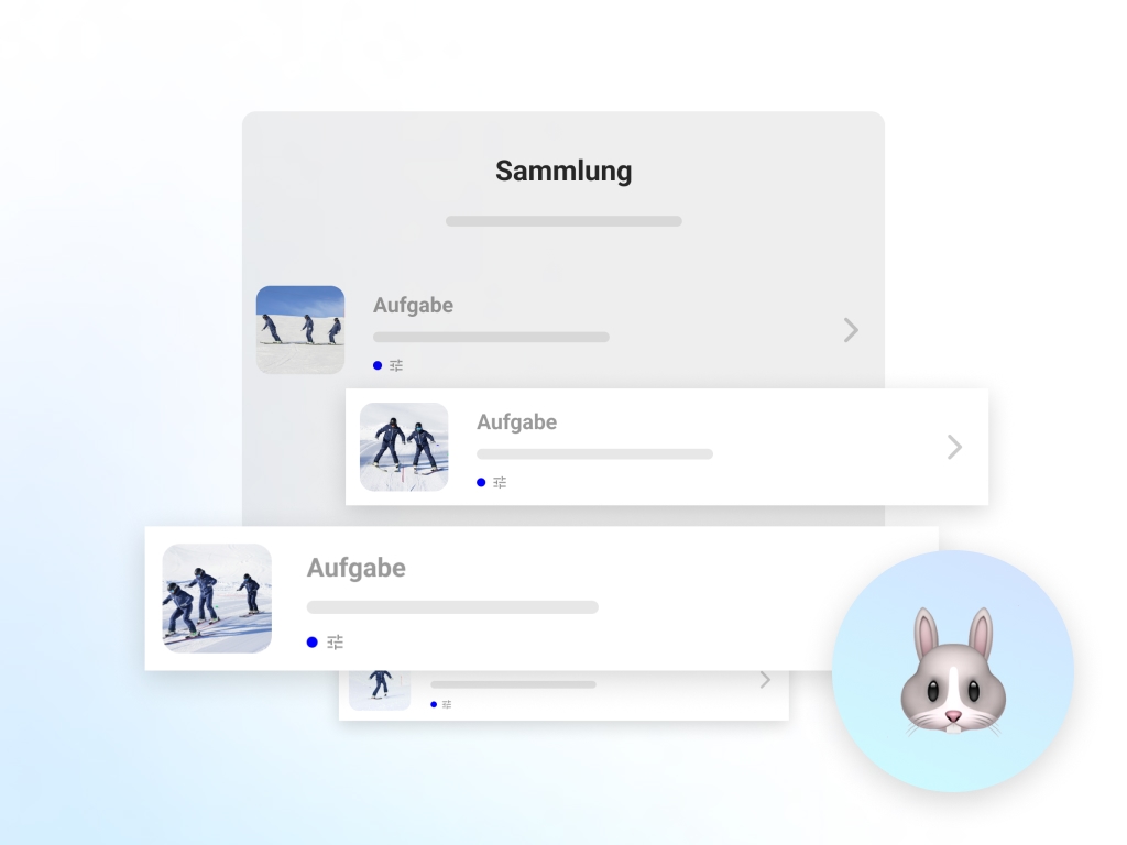 Zeigt eine Illustration einer Anwendung mit Bildern von Skifahrern. Die einzelnen Kacheln mit der Aufschrift 'Aufgabe' sind auf verschiedenen Ebenen angeordnet. Im Vordergrund ist ein Emoji eines Hasen zu sehen.