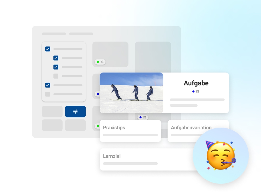 Eine Illustration einer Anwendung mit verschiedenen Einstellungsmöglichkeiten im Hintergrund. Auf der mittleren Ebene der Illustration ist eine Bildserie eines Skifahrers und mehrere Kacheln mit den Aufschriften 'Aufgabe', 'Praxistipp', 'Aufgabenvariation' und 'Lernziel' zu sehen.